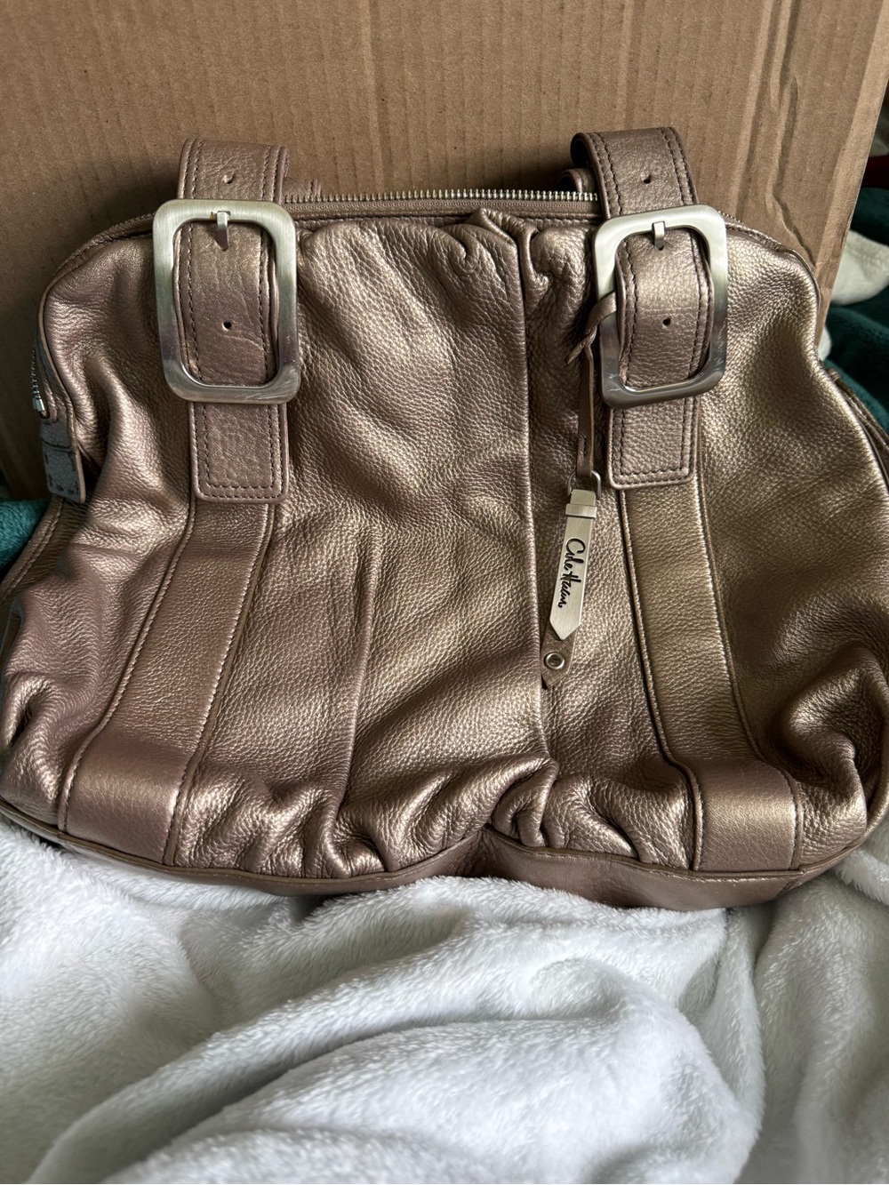 Cole Haan Vintage Metallic Bronze Leather Shoulder Bag with Buckle Straps